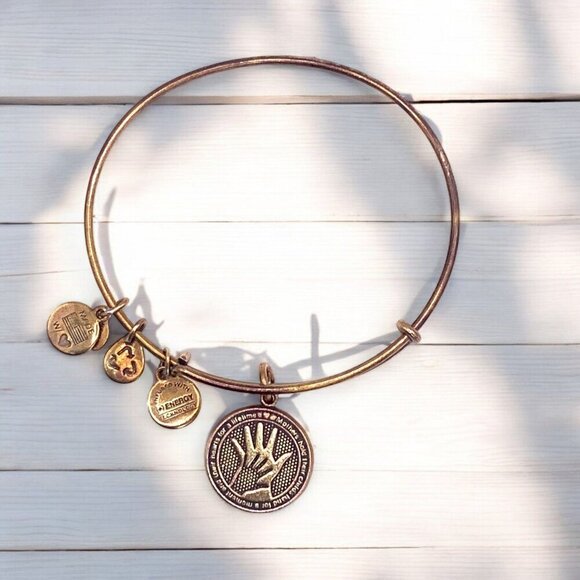Alex & Ani Hand In Hand Gold-Toned Adjustable Charm Bangle With Medallions - Picture 1 of 2